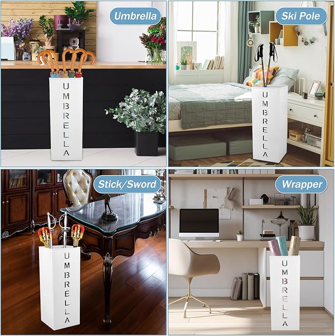 Metal Umbrella Stand Holder, 16.5x6.3x6.3inch Square Free Standing Umbrella Rack Decorative Umbrella Holder Bin Multipurpose Walking Sticks Holder for Umbrella Cane Entryway (White)