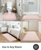 ILANGO Pink Toilet Rugs U Shaped 22" × 24" Non Slip & Super Absorbent Extra Thick Soft, Washable Bath Mats for Bathroom Floor, Microfiber Plush Shaggy Contour Bath Rugs for Toilet,Dry Quick