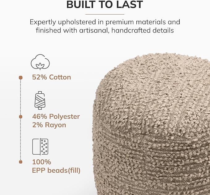 Anji Mountain Artisan Crafted Cotton Blend Pouf Ottoman | Versatile Floor Seating & Footstool for Living Room | Modern Boho Home Décor Accent | Filled Pouffe