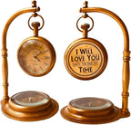 ALADEAN Brass Table Clock with Compass | Romantic Desk Clock - Decorative Vintage Mechanical Clock Lovers Boyfriend/Husband Birthday/Wedding Gifts (Love You)