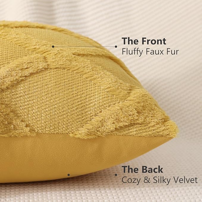 decorUhome Spring Throw Pillow Covers 20x20 Inch Set of 2, Soft Plush Faux Fur Wool Mustard Yellow Couch Pillow Covers, Decorative Neutral Pillow Cases for Bed Sofa Living Room Home Decor