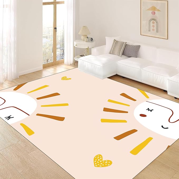 Children's Plush Area Rug - Soft, Washable, Non-Slip - Simple Cute Sun and Love Prints - Pink, 3x5ft