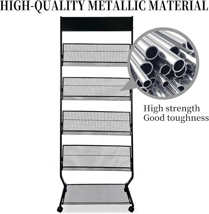 Tongmo Floor-Standing Magazine Rack 4-Layer with Wheels, Brochure Display Stand, High-hardness metal for Office,Exhibitions, and Any Organization Requiring Information Display (black)