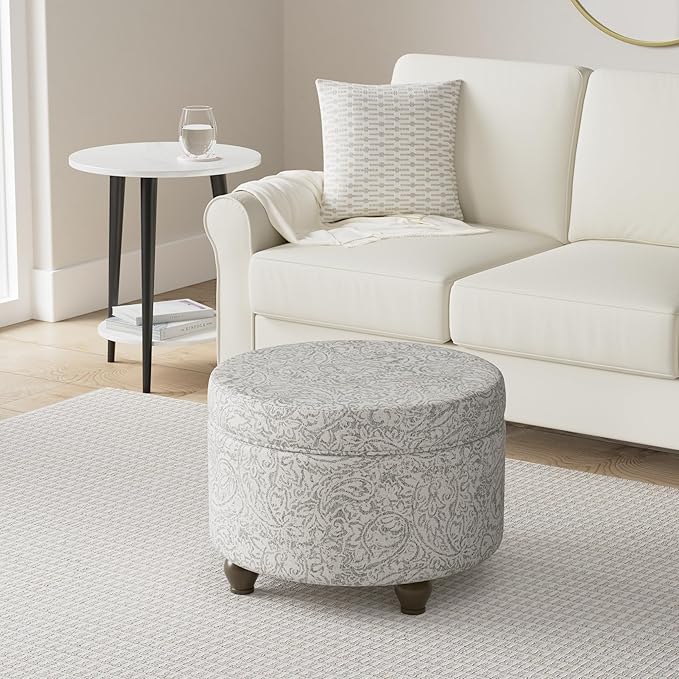 Homepop Home Decor | Upholstered Round Storage Ottoman | Ottoman with Storage for Living Room & Bedroom, Gray Floral