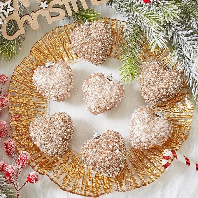 Rose Gold Christmas Ball Ornaments 10Pcs Glitter Sequin Heart Shaped Baubles Decoration Valentines Pearl Foam Hanging Decor(2.36in)