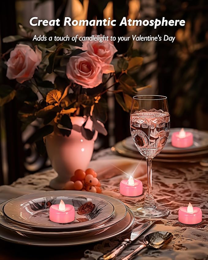 Flameless Candles, 12 Pack Tea Lights Candle Battery Operated, LED Tealight Votives, Realistic Tea Lights for Wedding Christmas Party Home Decor -D 1.5” x H 1.25” -Pink Light