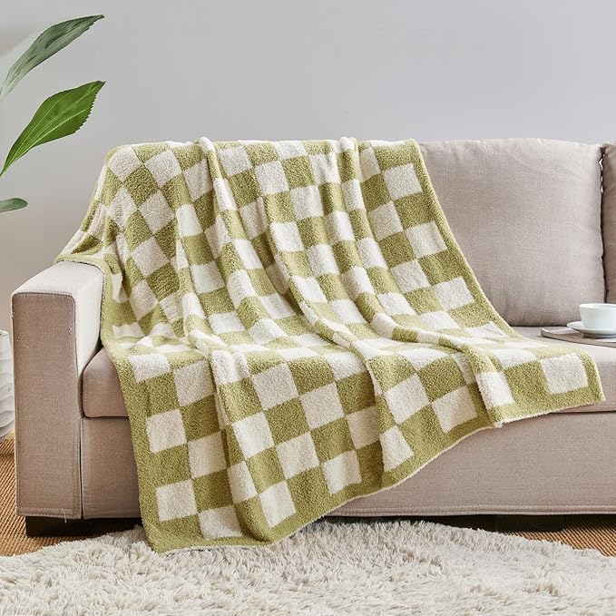 CozeCube Super Soft Fullfy Microfiber Reversible Knitted Blankets, Warm Cozy Fuzzy Plush Throw, Sage Green and White Checkered Throw Blanket for Couch Bed Sofa, 50" x 60"