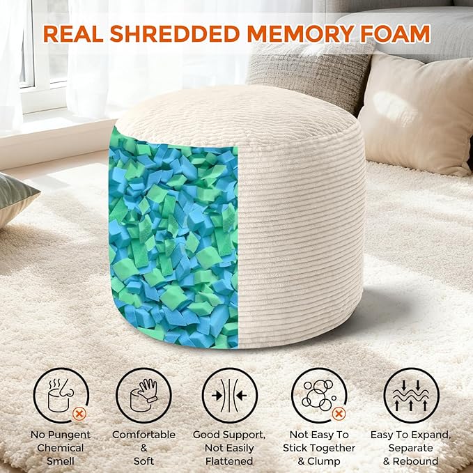 Pouf Ottoman Foot Rest, Comfortable & Soft, Round Footstool for Living Room, Bedroom, Office, Room Decoration, Corduroy Foot Stool Pouf with Odorless & Anti-Clump Filling, Large Beige