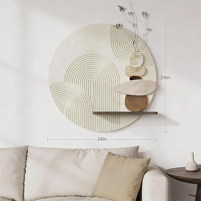 3D Textured Neutral Abstract Wall Art Decor With Shelf, Boho Beige and Brown Artwork for Walls With Green Accent, Modern Minimalist Wall Decor for Living Room, Hallway, Kitchen, Bedroom, Office, 24x24
