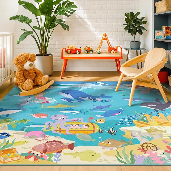 5x7 Ocean Rug for Kids Room – Large Play Mat with Beach Wave Whale & Mermaid, Washable Non Slip Learning Carpet for Toddlers, Bedroom or Playroom Décor