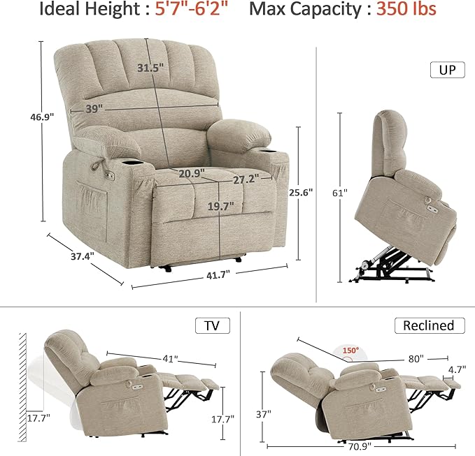 MCombo Oversized Power Lift Recliner Chair for Elderly, Lift Chair with Heat and Massage, Lift Recliner for Big and Tall, Cup Holders, USB & Type C Ports, Fabric R7092 (Beige, Oversize)