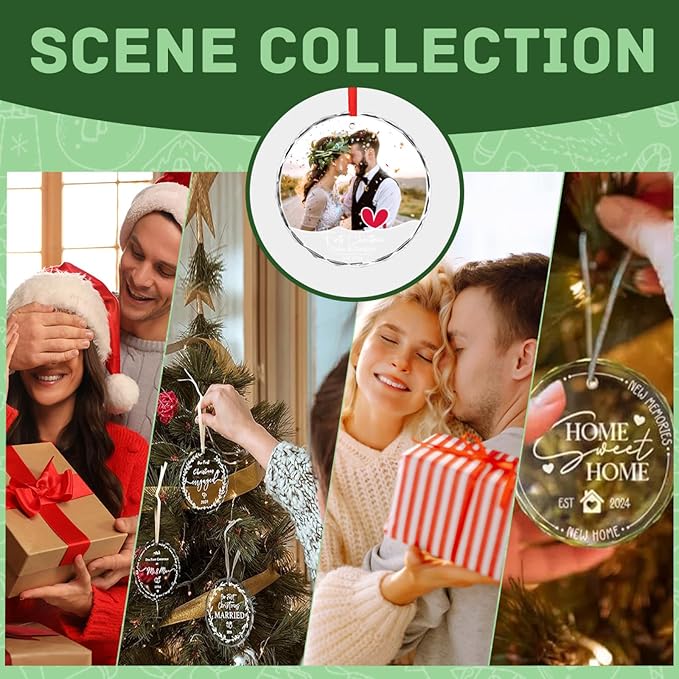 Personalized First Christmas Married Ornament 2024 Photo Text Custom Christmas Ornaments Crystal 2024 Customized Weddings Gifts for Couples Family Friends Xmas Decor
