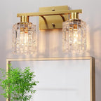 2 Light Brushed Gold Bathroom Vanity Light Over Mirror, Modern Vanity Lighting with Crystal Glass Shade, Wall Mount Bathroom Light Fixtures, E26 Base