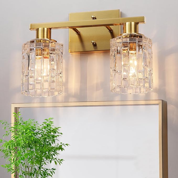 2 Light Brushed Gold Bathroom Vanity Light Over Mirror, Modern Vanity Lighting with Crystal Glass Shade, Wall Mount Bathroom Light Fixtures, E26 Base