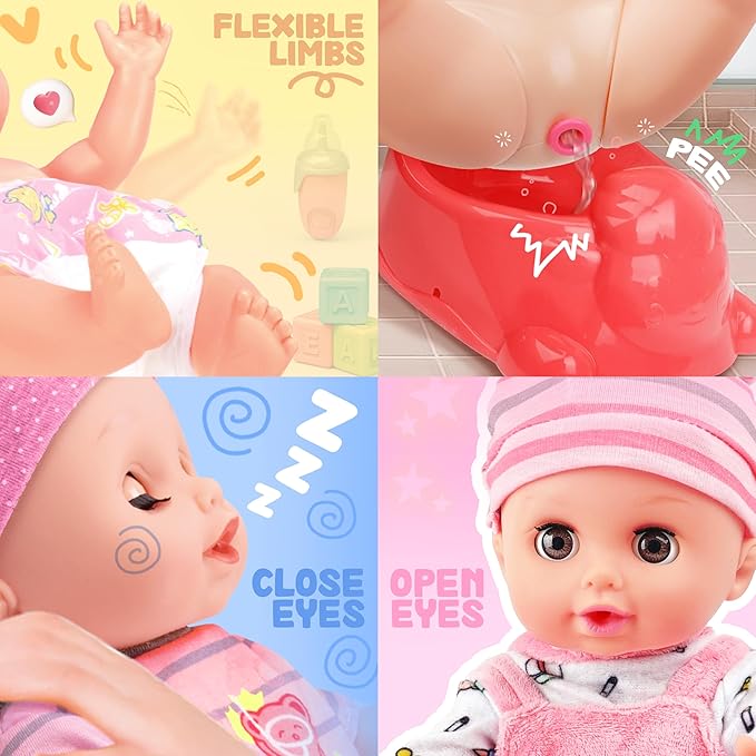 SMILESSKIDDO Baby Doll Set - 14" Babydoll with Dolls Accessiores, Realistic Pretend Play Doll Includes Carrier Bassinet Bed, Feeding Set, Doll Clothes, Toddler Toys Gifts for 1 2 3 4 5 Year Old