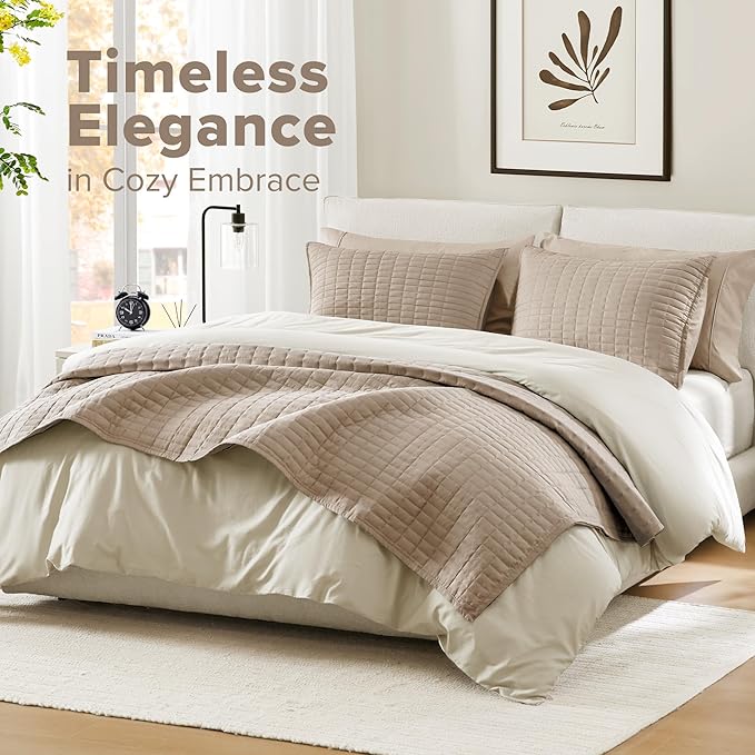 Comfort Spaces Kienna Quilt Set- Double Sided Stitching Design Summer Blanket, Lightweight, Soft, All Season Bedding Layer, Matching Sham, Taupe, Coverlet Full/Queen(90"x90") 3 Piece