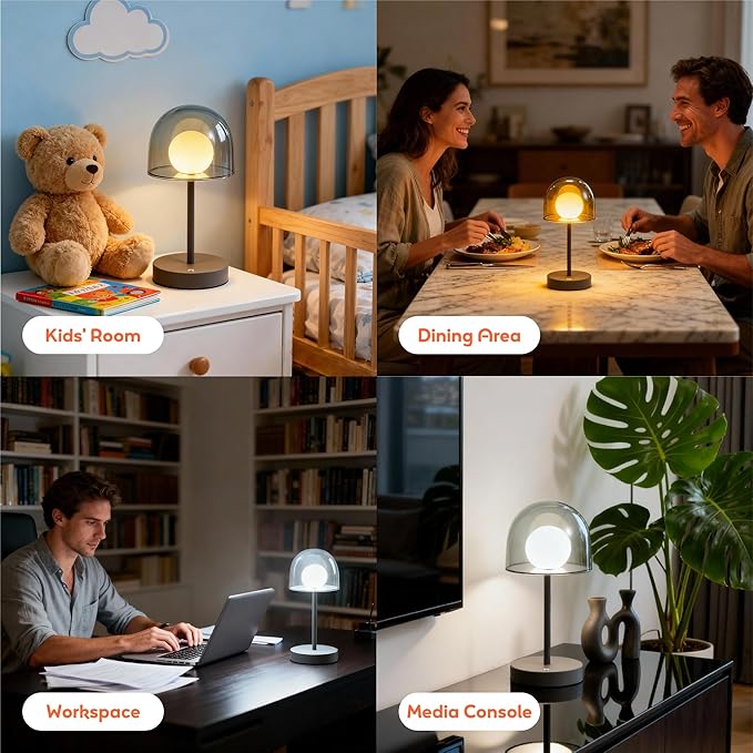 Rechargeable Small Counter Lamp, LED Modern Table Lamp with 3CCT & Stepless Dimming, Bedside Light for Study Living Room and Office, Mushroom Style (Smoky Grey)