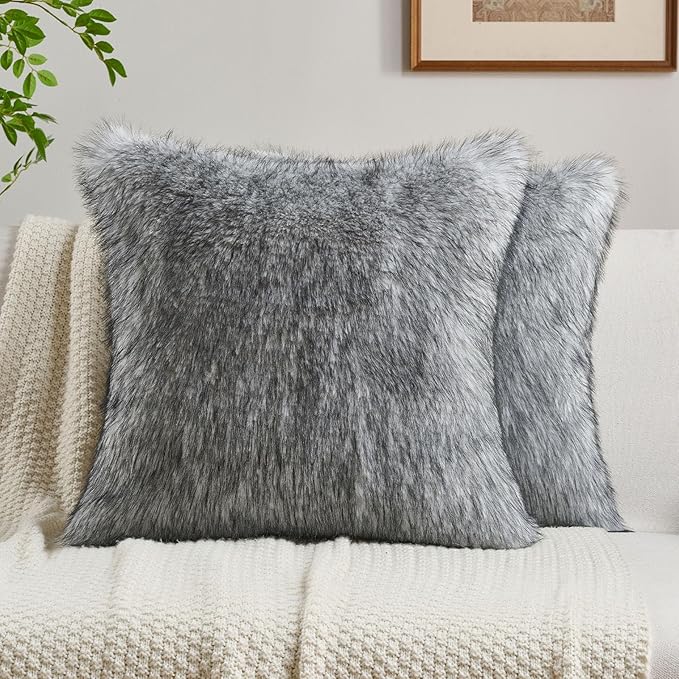 FUTEI Grey White Decorative Throw Pillow Covers 18x18 Inch Set of 2,Soft Faux Raccoon Fur Textured Cushion Case,Modern Home Luxurious Decor for Couch Bed Living Room