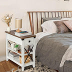 Narrow End Table with Charging Station - Farmhouse Slim Side Table, w/USB Ports Power Outlets, Nightstand w/Flip Top Storage Drawer, for Small Spaces Living Room Bedroom, Brown White