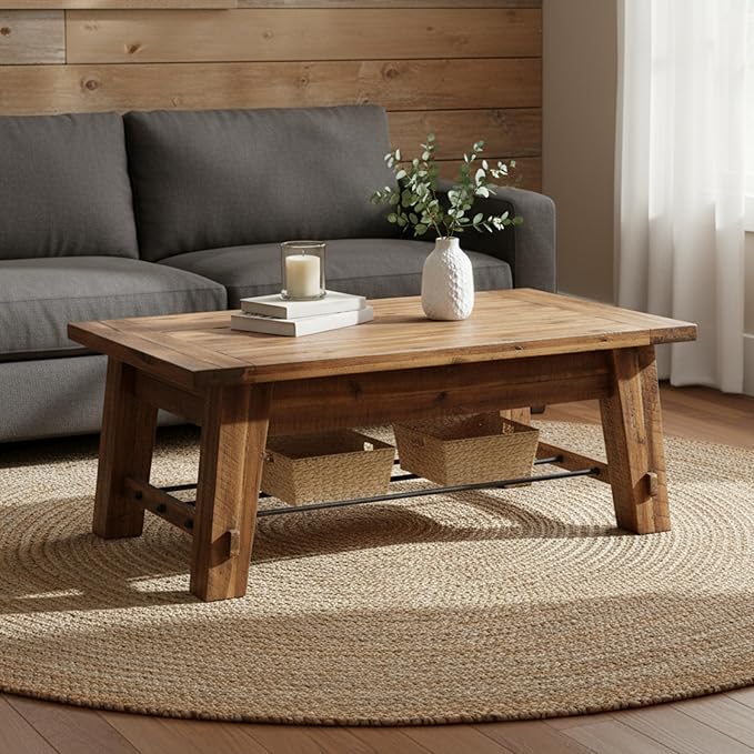 Durango 48-Inch Solid Wood Coffee Table with Storage Shelf Metal Accent – Industrial Farmhouse Living Room Table in Rustic Natural Finish by Alaterre Furniture