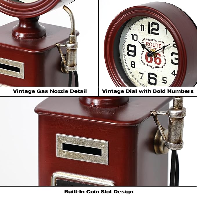 AYRELY® 16" Vintage Industrial Gas Pump Mantel Clock, Battery Operated Metal Clock Route 66 Decor,Retro Mechanical Decorative Clock Gifts for Home,Living Room,Fireplace, Man Cave Decor