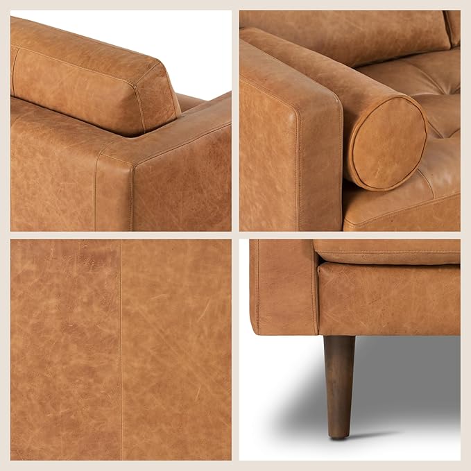 POLY & BARK Napa 88.5" Leather Sofa – Full-Grain Italian-Tanned Aniline Leather, Feather-Down Comfort, Solid Wood Frame, Walnut Legs, Cognac Tan