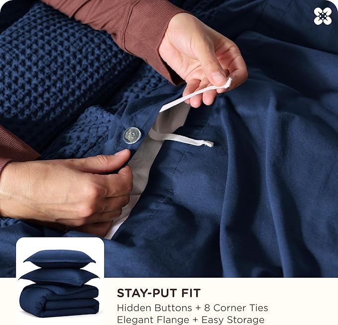Bedsure Cotton Duvet Cover Set - 100% Cotton Waffle Weave Navy Duvet Cover California King, GentleSoft™ and Breathable Cal King Bedding Set for All Season, 3 Pieces, 104"x98"