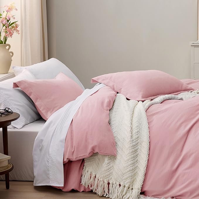 Bedsure Pink Duvet Cover Full Size - 3 Pieces Prewashed Extra Soft Cotton-Like Polyester Bedding Set, Includes 1 Duvet Cover 80x90 Inches with Zipper Closure & 2 Pillow Shams, Comforter Not Included