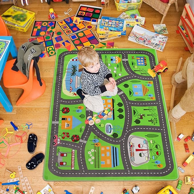 Kids Car Playmat, Kids Rug for Playroom Car Mat Town City Road Traffic Rugs, Play Mat for Floor, Extra Large Boys Kid Car Track Play Rug (Style Three, 59X 39.4 INCH)