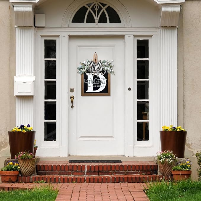 Ultra Large 14'' Last Name All Year Round Front Door Wreath with 26 Initial Letter Welcome Sign All Seasons Eucalyptus Garland and Bow Wreaths for Front Door Porch Farmhouse Decoration (D)