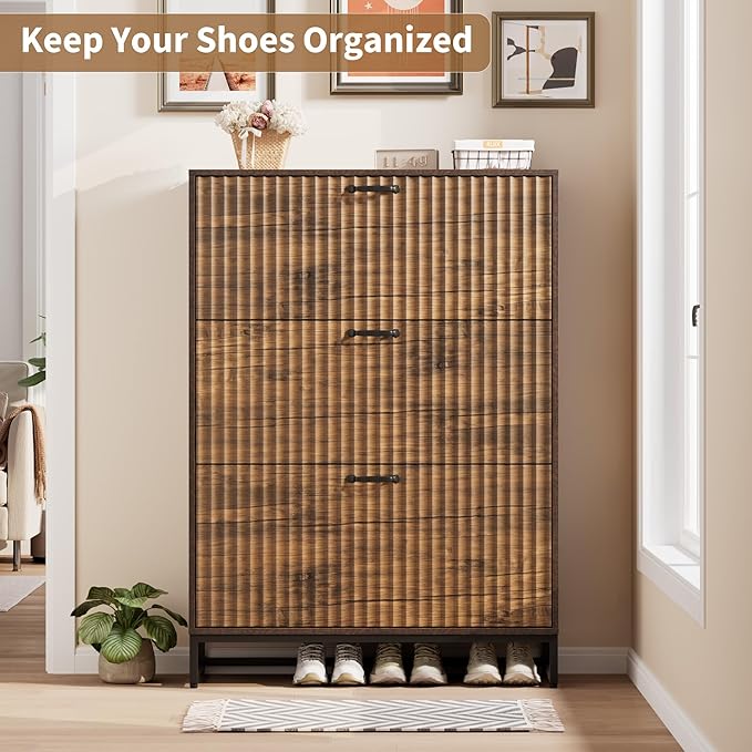 Nicetree Shoe Cabinet, Narrow Shoe Organizer with 3 Flip Drawers, Fluted Accent Shoe Rack Cabinet, Shoe Cabinet with 3-Tier Adjustable Shelves