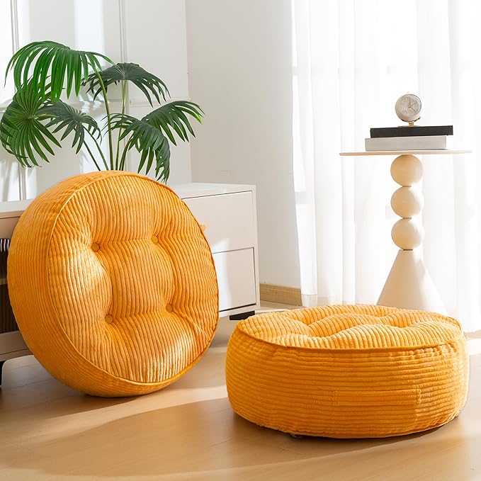 8" Washable Floor Pillow Cushion for Adults, Meditation Cushion Pillow, Large Round Floor Sitting, Removable Tufted Corduroy Cover, for Tatami Living Room or Yoga, 22x22 Inch, 2Pack, Machine Washable