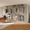 pamo Industrial Pipe Clothing Rack with Shelf - 660 lbs Capacity - Clamping Clothes Rack and Walk In Closet with Oak Shelf for Wardrobe