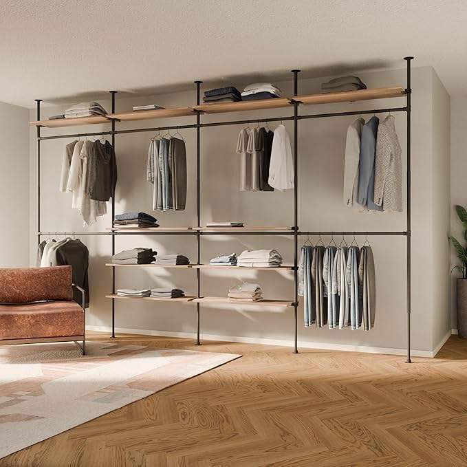 pamo Industrial Pipe Clothing Rack with Shelf - 660 lbs Capacity - Clamping Clothes Rack and Walk In Closet with Oak Shelf for Wardrobe