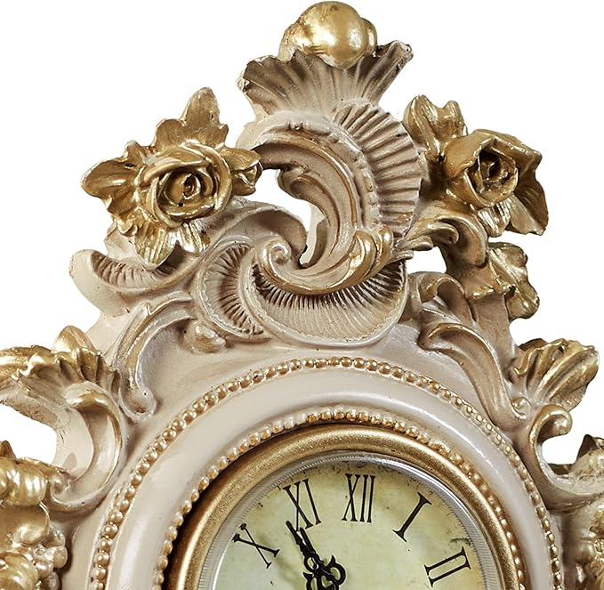 Touch of Class Oliviana Table Clock - Resin - Ivory, Gold - Victorian Style - Acanthus Leaves - Vintage Decor for Bedroom, Bathroom Shelf, Living Room, Mantel, Entryway, Foyer