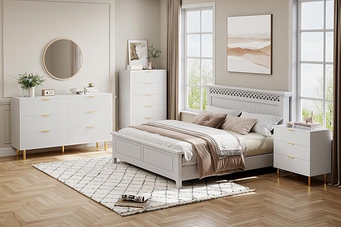 GarveeHome White Dresser, Modern 3 Drawer Dresser for Bedroom with Gold Handle and Large Drawer, Wood Double Chest of Drawers and Storage Organizer for Living Room, Hallway, Entryway