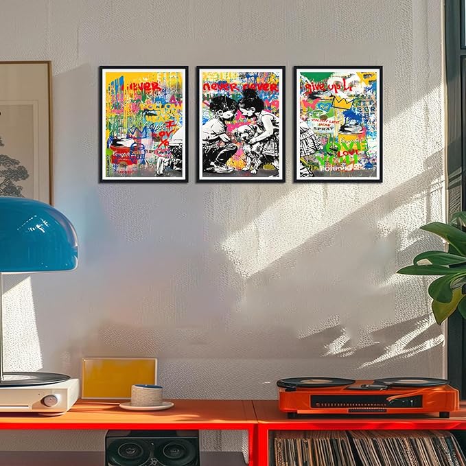 Novatique Colorful Graffiti Wall Art Banksy Canvas Wall Art Street Teenager Graffiti Poster Canvas Print for Living Room Bedroom,12" x 16" x 3Pcs