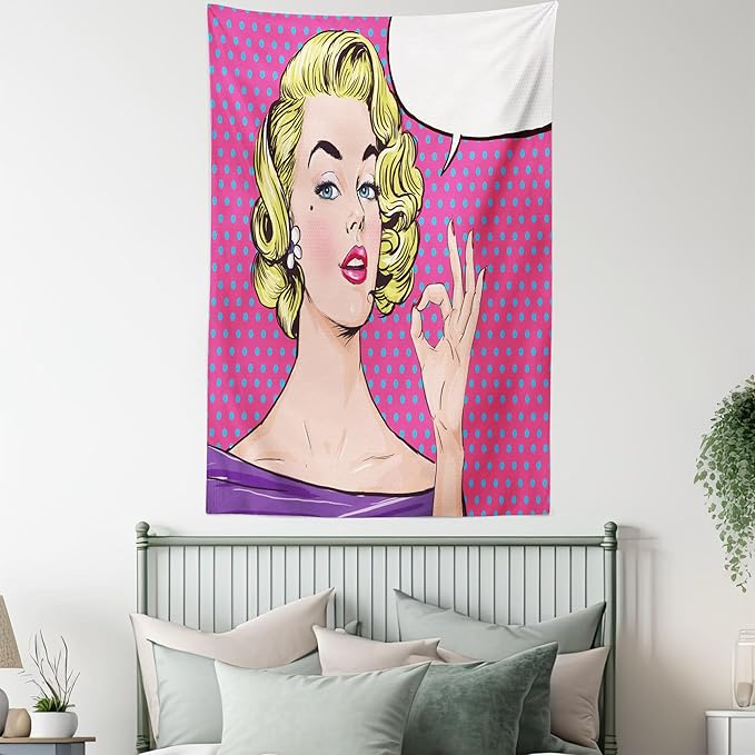 Ambesonne Vintage Tapestry, Pop Art Blonde Woman Making OK Sign on Dotted Background Retro Comic Book Design, Fabric Wall Hanging Decor for Bedroom Living Room Dorm, 23" X 28", Pink Blue