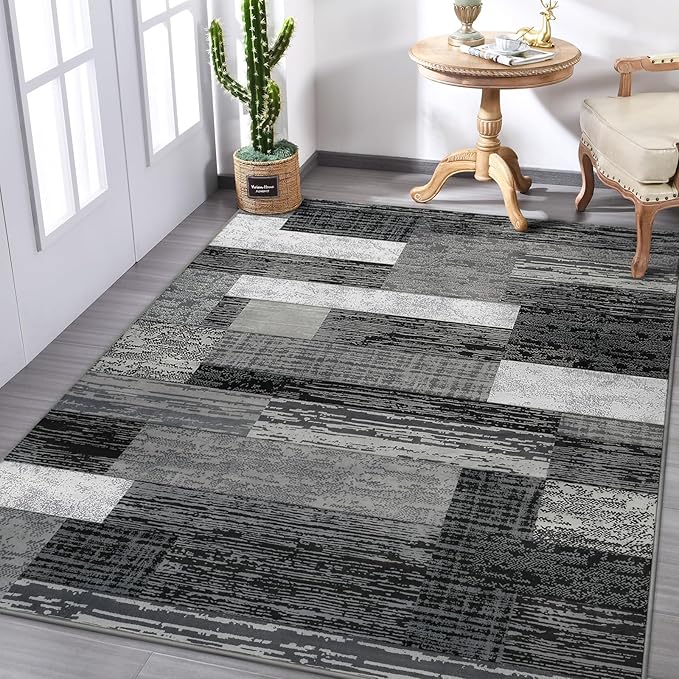 FlyDOIT Modern Geometric Patchwork Area Rug, 7x10 Grey Large Rugs for Living Room, Rockwood Collection Indoor Rugs for Bedroom, Throw Carpet Floor Decor for Entryway Dining Room Office Nursery