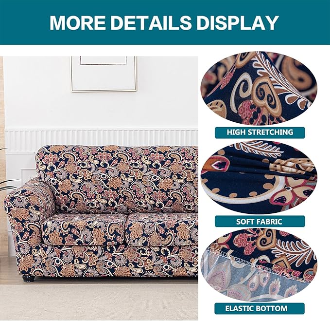 KRFOONN 4 Piece Printed Sofa Couch Cover for 3 Cushion Couches Stretch Sofa Slipcovers with 3 Separate Seat Cushion Covers Washable Furniture Protector with Elastic Bottom (Sofa, 62)