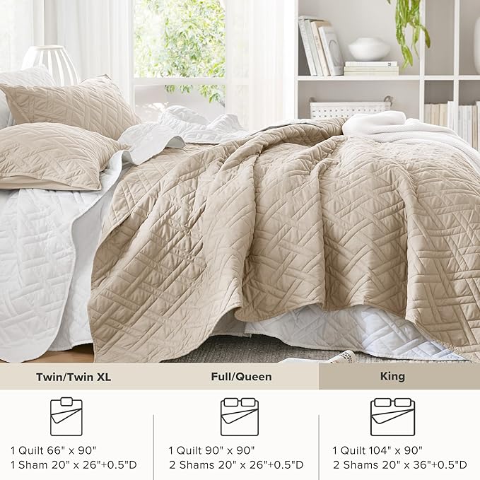 Comfort Spaces King Quilt Set Modern Reversible Diamond Coverlet King Bedding Set Cozy Quilted Winter Layer, All Season Lightweight Soft King Size Quilt, Kienna, Cal King Beige Diamond 3 Piece