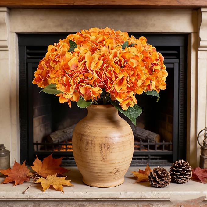 Kimura's Cabin 6pcs Artificial Silk Hydrangea Flowers with Stems Fake Hydrangea Bouquet for Home Table Centerpieces Wedding Party Halloween Decoration (Orange Yellow)