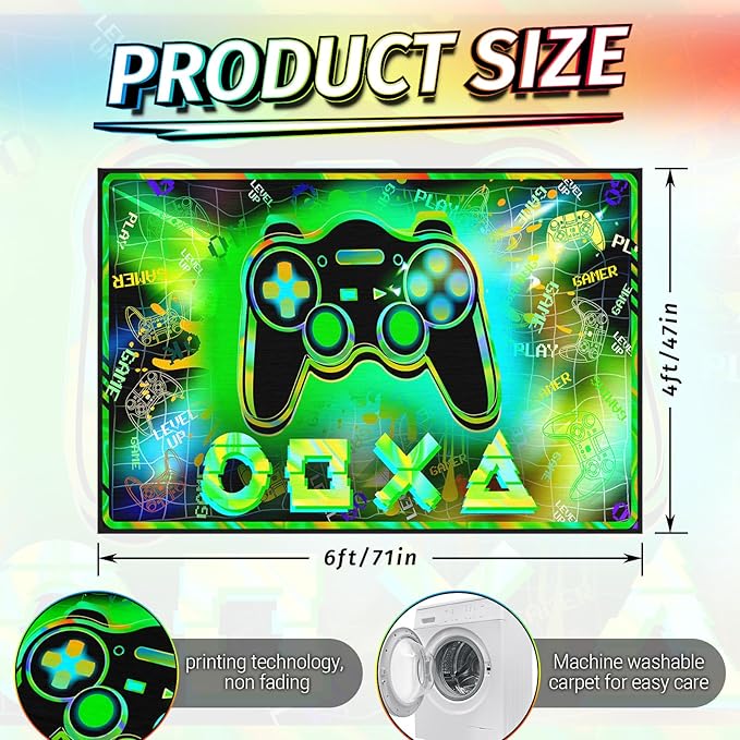 4x6 Gaming Rug for Boys Room - 3D Printed Gamepad Blacklight Game Rug Teen Boys Gaming Room Decor Large Area Carpet Vibrant Green Gamer Area Rug for Living Room,Bedroom,Game Room