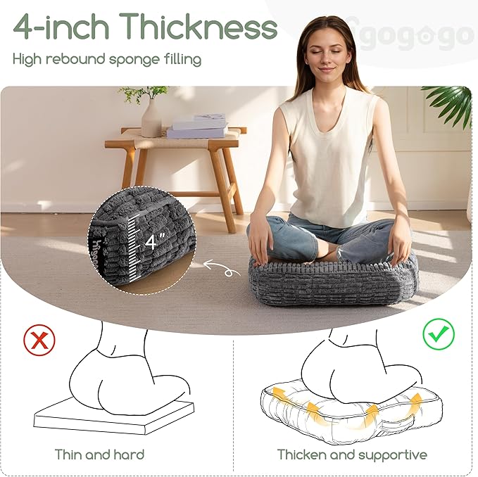 Washable Floor Pillow Cushion for Adults, Meditation Cushion Pillow, Removable Tufted Blended Corduroy Cover, Large Square Floor Sitting for Tatami Living Room or Yoga, 2Pack, Machine Washable