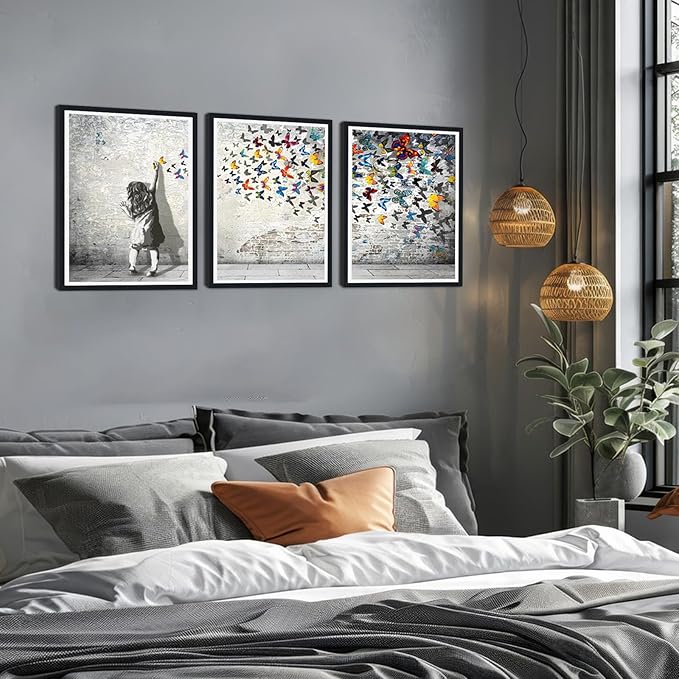 Novatique Banksy Canvas Wall Art Pop Art Wall Decor Banksy Butterfly Art Canvas Print Graffiti Picture Poster for Living Room Bedroom,12" x 16" x 3Pcs