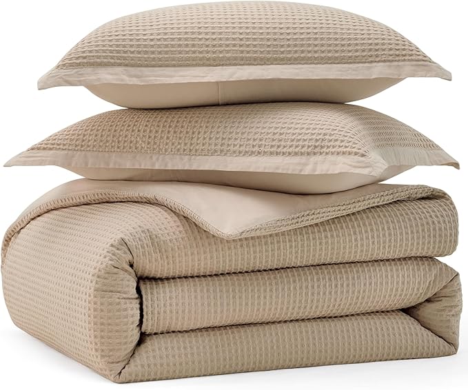 Bedsure Cotton Duvet Cover Twin - 100% Cotton Waffle Weave Khaki Duvet Cover Twin Size, GentleSoft™ and Breathable Tan Bedding Set for All Season, 2 Pieces, 68"x90"