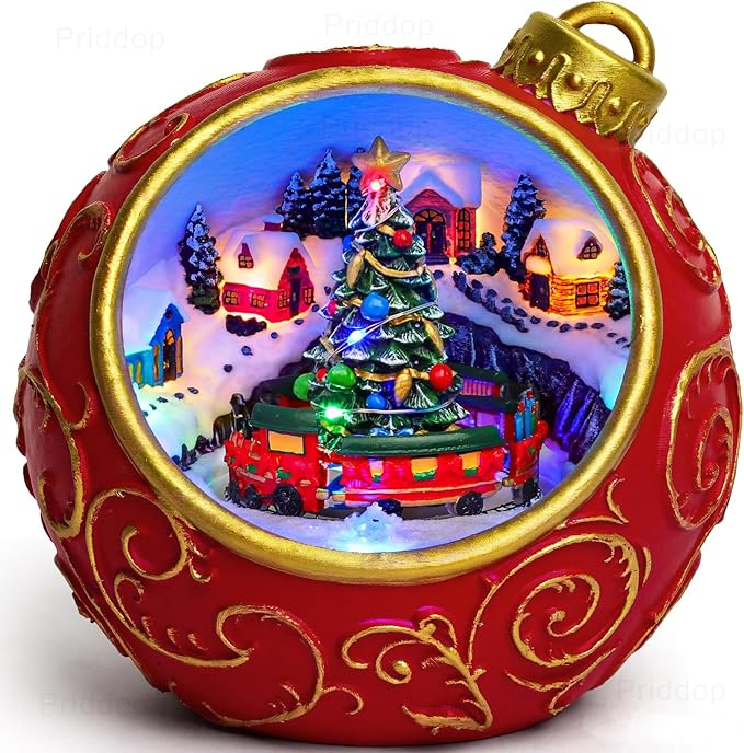 Christmas Village Scene Animated Rotating Train LED Lights Christmas Decorations Music with Volume Adjustment USB/Battery Timer Collectible Buildings Figurines Globe Gifts