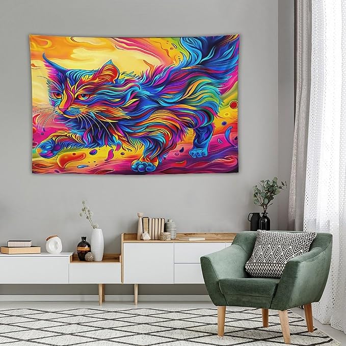 VUMIVI Colorful Cat Tapestry Pet Oil Painting Print Rainbow Colorful Abstract Art Pattern Tapestry Wall Hanging for Living Room Bedroom Dorm Classroom Aesthetic Decor W60xL40in