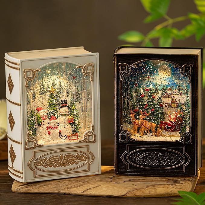 Christmas Snow Globe, Book Lantern with Snowman & Santa Claus – Vintage 8 Songs Musical Box, Automatic Snowfall, Led Light, USB Powered,for Christmas Festival Home Fall Decoration Gifts, Beige