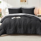 HYMOKEGE Black/Light Grey Queen Comforter Set Seersucker 7 Pieces, All Season Luxury Bed in a Bag Queen for Bedroom, Bedding Set with Comforter, Sheets, Pillowcases & Shams